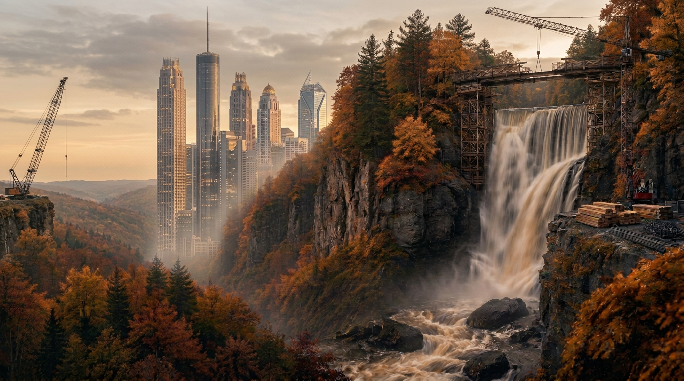 A photorealistic autumn gorge with a wooden footbridge under construction beneath a crane, a waterfall on the right and a distant city skyline of tall towers rising above the gorge